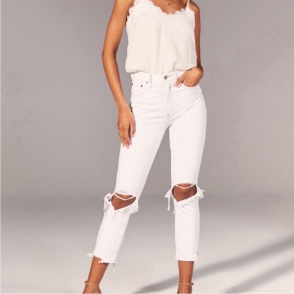 Abercrombie and Fitch White High Rise Distressed Mom Jeans